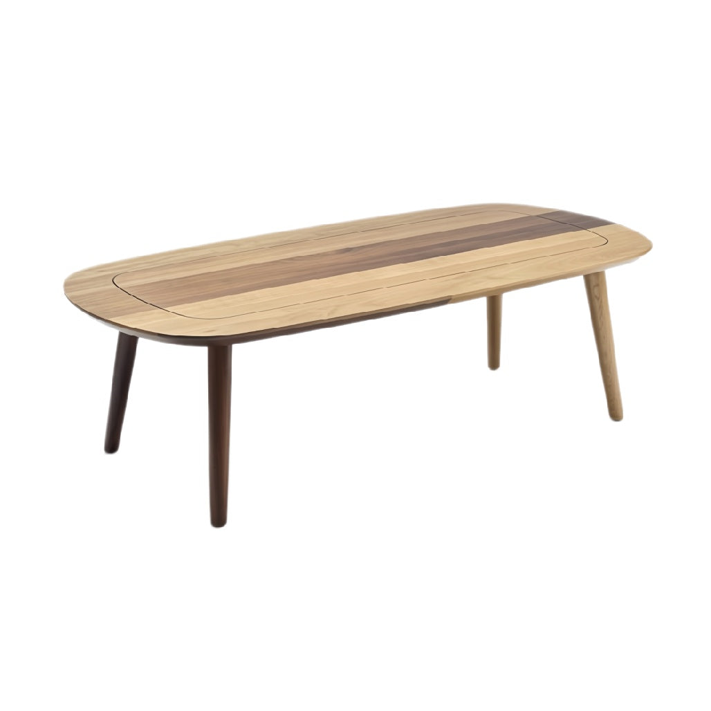 **Technische titel in het Nederlands: "Modern houten salontafel met ovale vorm en lichtkleurige poten"**