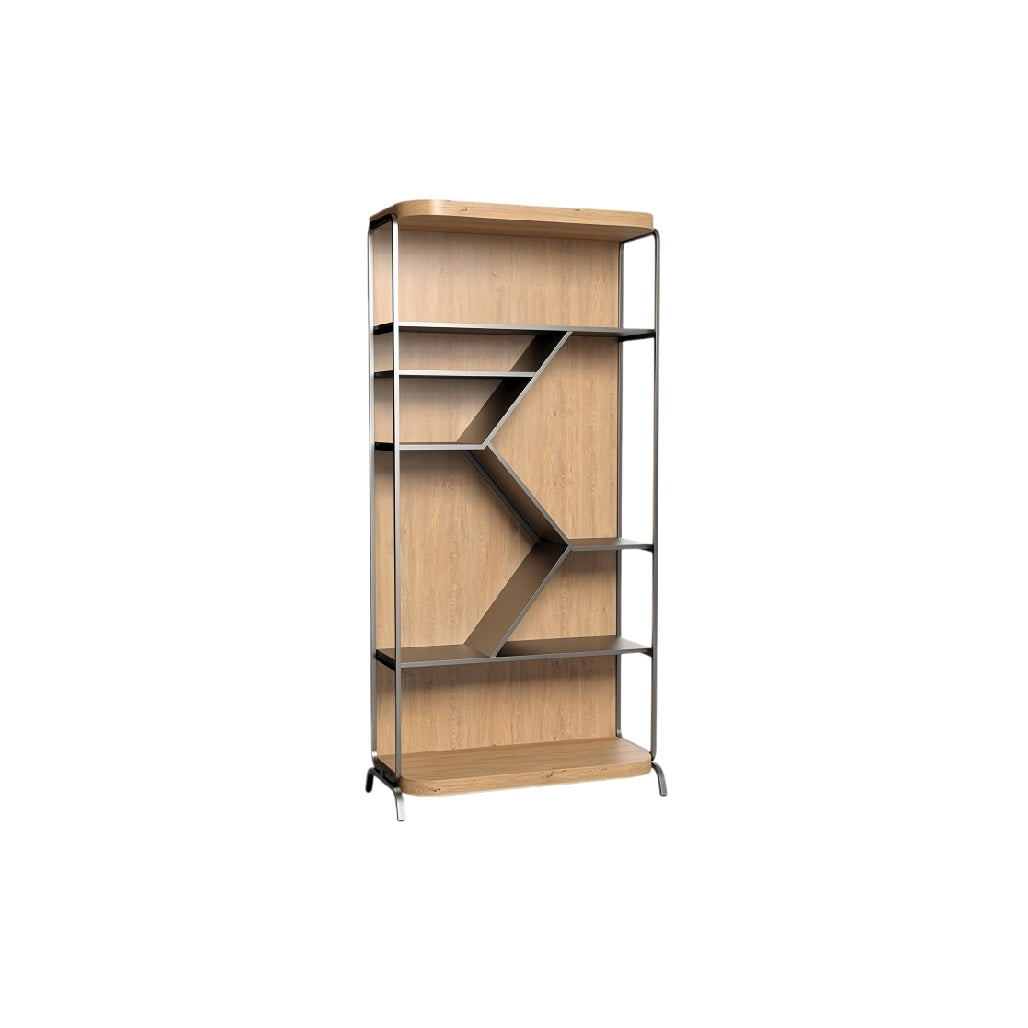 **Moderne boekenplank met geometrisch ontwerp van hout en metaal**