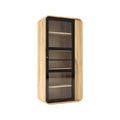 Technische titel in het Nederlands: **Moderne houten kast met glazen deur en drie planken**
