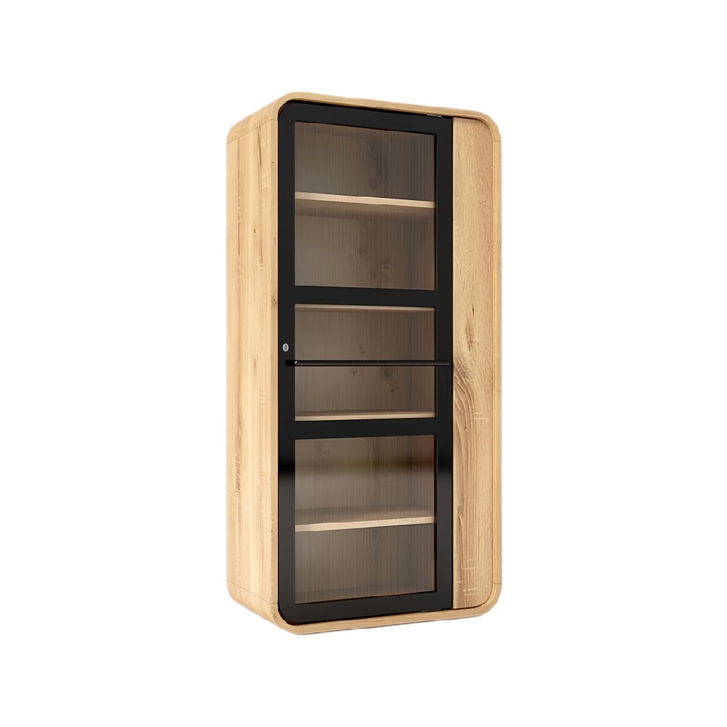 Technische titel in het Nederlands: **Moderne houten kast met glazen deur en drie planken**