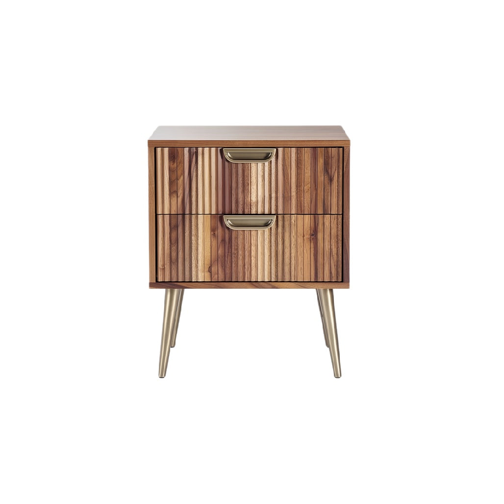 **Technische titel in het Nederlands:** Retro nachtkastje van hout met lade's en gouden accenten